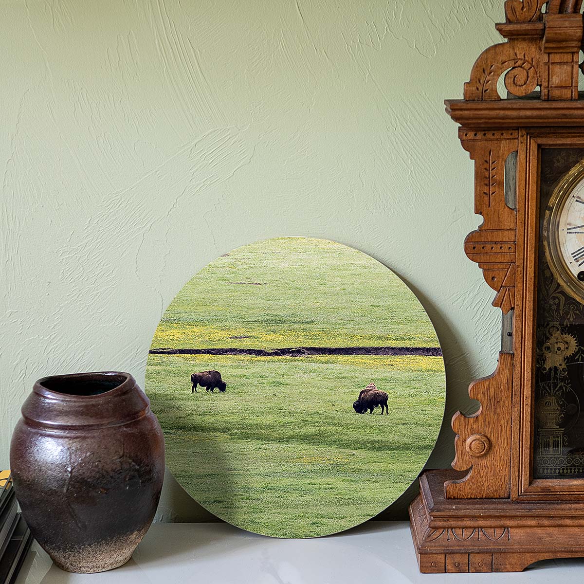 grained by season~ spring bison wood sign 12" (round)