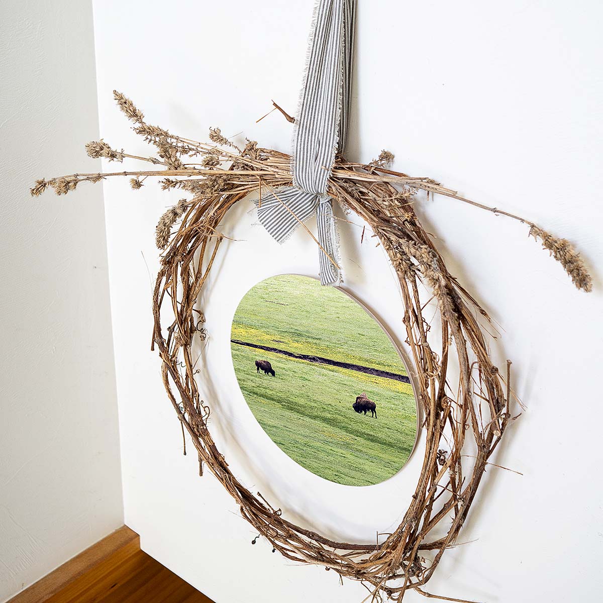 grained by season~ spring bison wood sign 12" (round)