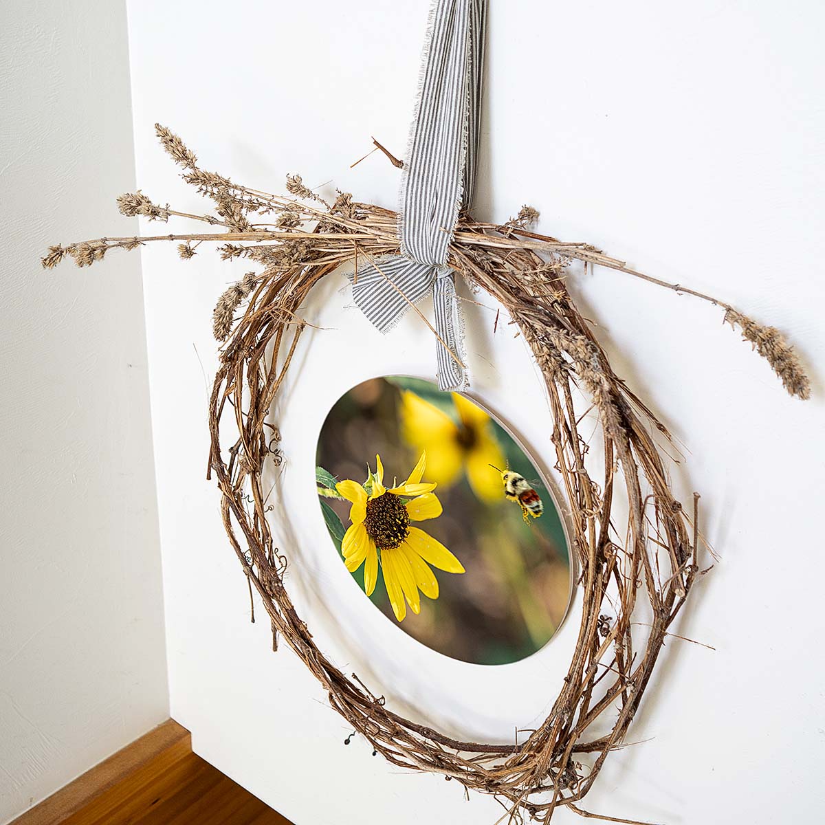 grained by season~ summer sunflower bumble bee wood sign 12" (round)