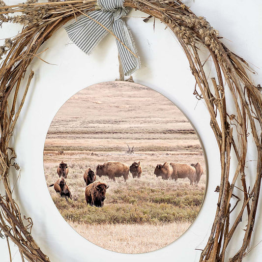 grained by season~ bison summer wood sign 12" (round)