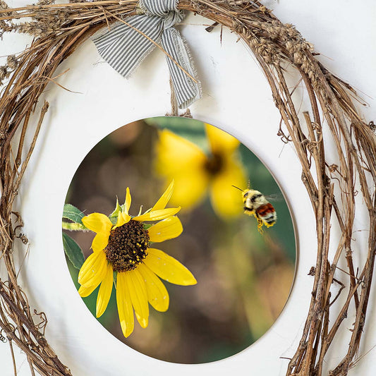 grained by season~ sunflower summer bumble bee wood sign 12" (round)