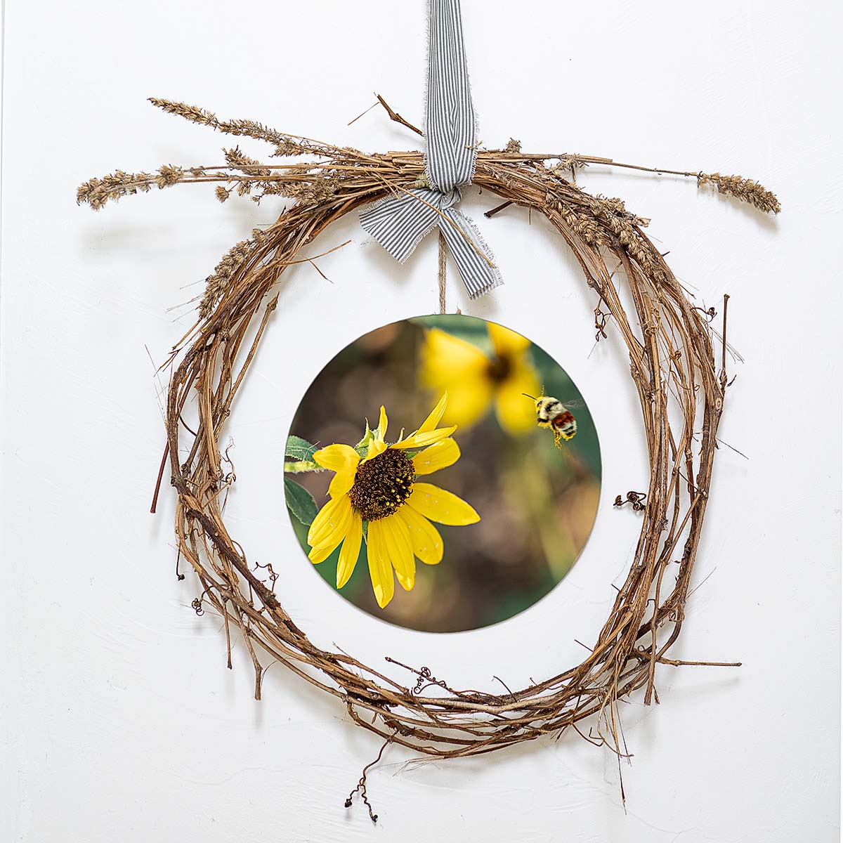grained by season~ summer sunflower bumble bee wood sign 12" (round)