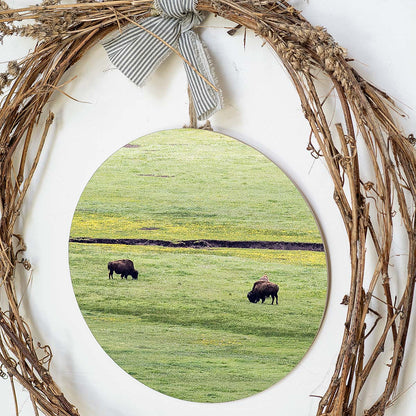 grained by season~ spring bison wood sign 12" (round)