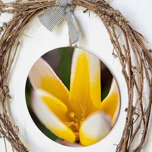 grained by season~ spring tulip yellow wood sign 12" (round)